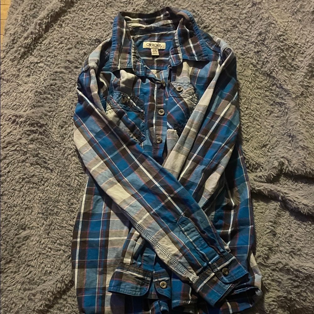 Cherokee Kids Blue and Black Plaid Button-Down Shirt
